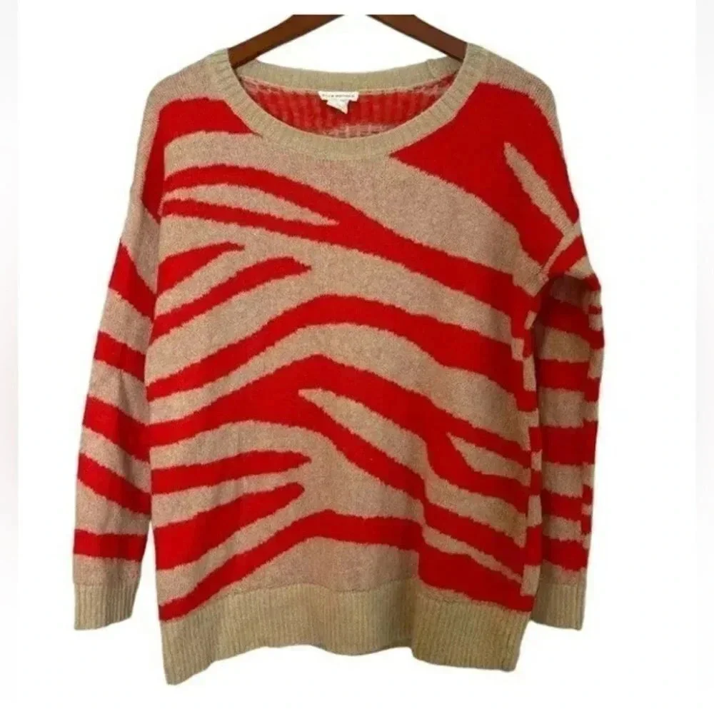 Club Monaco Women Mohair Zebra Stripe  Tan Red Pullover Crew Neck Sweater Sz:XS - Picture 2 of 12